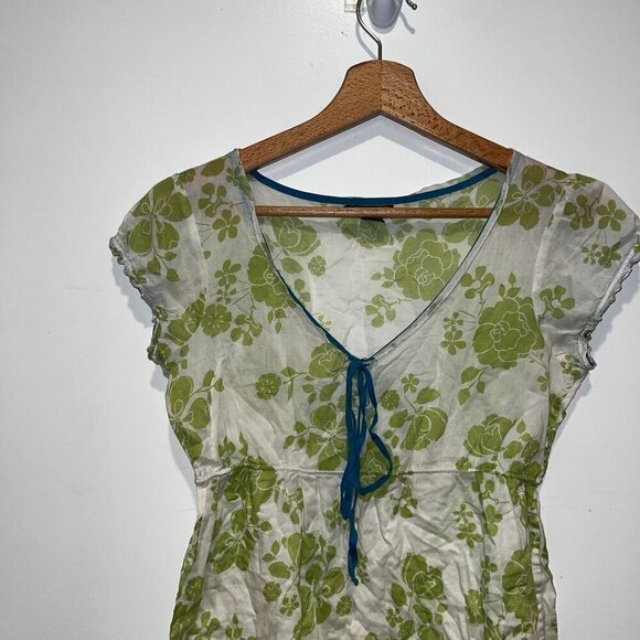 Y2K Lucky Brand Womens XS Green Floral V-Neck Cotton Blouse - Picture 2 of 5